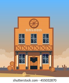 Western Saloon.Wild West Wooden Bar And Doors.Vector  Background For Text.