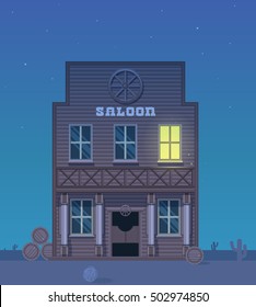 Western Saloon.Wild West Wooden Bar And Doors.Vector Background For Text. Night Sky.