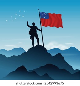 Western Samoa Flag raised on a mountain peak with clear sky in the background, vector illustration