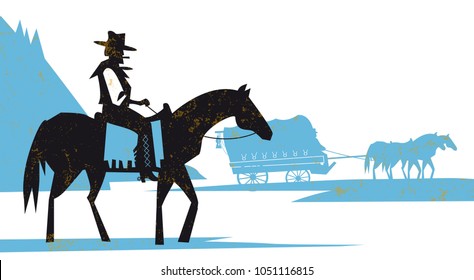 western scene illustration settlers with stagecoach wagon