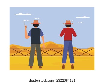 Escena occidental de dos hombres del oeste silvestre sosteniendo armas cerca de la ciudad, usando sombreros y botas. Quiere robar en el salón y bar. Ilustración plana del vector