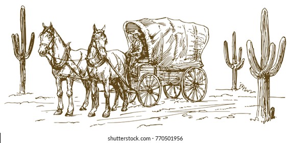 Western Scenery With Old Wagon.