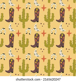 Western Seamless Pattern Cowboy Boots Cactus Horseshoe. Abstract textile fabric background. Doodle hand drawn naive vector minimalism art