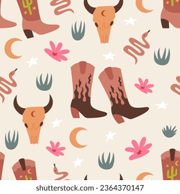 Western seamless pattern with cowboy boots, bull skull, snake, moon, grass and flowers. Wild west vector flat background