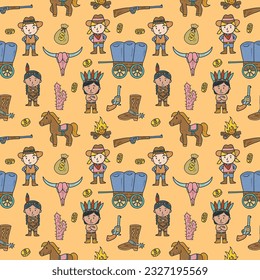 Western seamless pattern design, Hand drawn cute cartoon cowboy and native American Indian and Elements