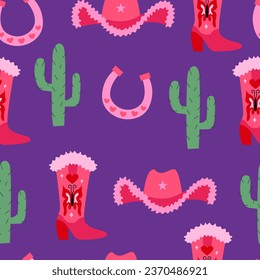 Western seamless pattern with pink cowgirl hat, boots, horseshoes and cactuses. Vector flat cowboy background