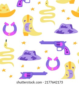 Western seamless pattern with snakes, cowgirl boots, hat, gun, horseshoe and stars. Cute vector background in wild west style. Colorful illustration in cosmic, disco concept