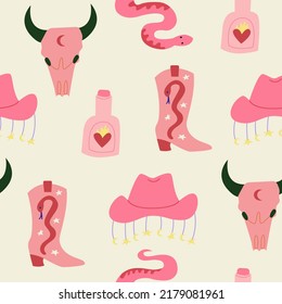 Western seamless pattern with snakes, rum bottle,  bull skull skeleton, cowgirl hat and boots. Cute vector background in wild west, mystical style. 