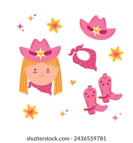 Western set with a cute cowgirl. Cowboy boots, cowboy hat, sheriff star for invitation, wrapping paper, packaging etc.