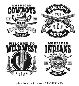 Western set of four black vector emblems, badges, labels or logos isolated on white background