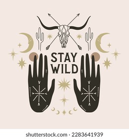 Western set logo magical ornate witch spell hands set template. Linear astrology tattoo aztec style, boho design