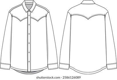 Western Shirt Men long sleeve with buttoned placket, lapel collar, sleeve cuffs and rounded hem, front and back view, vectors