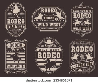 Folletos monocromáticos de demostración occidental con vaqueros en caballos y vacas y rodeo Texas o lemas salvajes del oeste ilustración vectorial