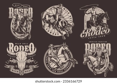 Western show set flyers monochrome guys on horses and bulls for participation in rodeo for men from Texas vector illustration