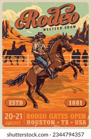 Western show vintage flyer colorful with man cowboy riding horse standing on two legs at wild west ranch vector illustration