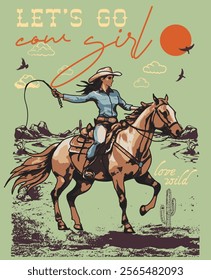 Western show vintage flyer colorful with girl cowgirl riding horse standing on two legs at wild west ranch  illustration, tee shirt graphics, rodeo drive typography