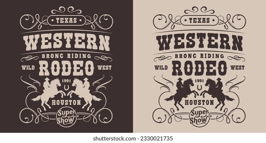 Western show vintage poster monochrome for inviting participants and spectators to rodeo in houston with cowboys on horseback vector illustration