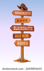 Western signboard with wooden signs, wild west signage. Cartoon vector signpost with arrows labeled sheriff, bank, blacksmith, gold mine and rodeo. Cowboy hat on top, desert base with stones and grass
