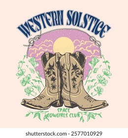 Western Solstice. Cow Girl wild west. desert prints. girls graphics design. summer prints. vintage print artwork. hand drawn sketch. vector design. t - shirt design. fashion graphics. typography text 