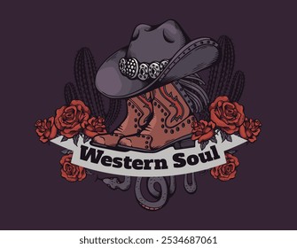 Western soul American gothic vector poster design. Wild west style. Cowgirl boots and hat, rose flowers, cactus and snake. Vintage Western grunge background with lettering