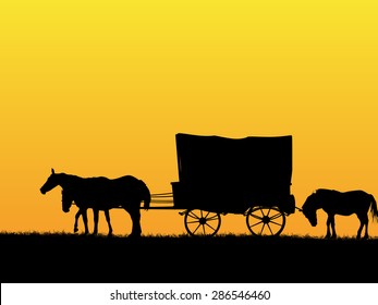 Western Stage Coach Wagon And Horses On The Prairie