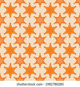 Western star seamless vector pattern. Yellow and orange Sheriff badge 6 point star graphic, repeating design. Wild west, rodeo, country, vintage, cowboy, cowgirl theme background texture art print.