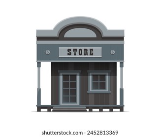 Western store shop building, wild west town architecture. Vector old american country street, cowboy rustic retail shop or grocery with wooden classic frontier facade, large signange over the entrance