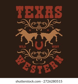 Obra de arte de estilo occidental presenta dos caballos, una herradura y Elementos decorativos. El diseño promueve un tema de Texas que celebra el espíritu del Salvaje Oeste.