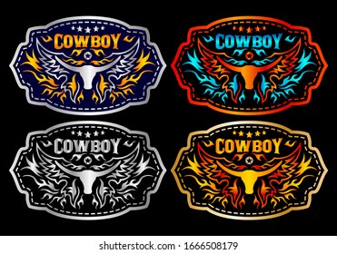 Western Style Cowboy Bull Belt Buckle vector set design.