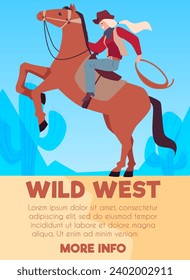 cowgirl de estilo occidental sobre el caballo, afiche de diseño con ilustración vectorial dibujada al estilo de dibujos planos. Hermosa joven con sombrero, vestida al estilo salvaje del oeste. Personaje femenino montado a caballo salvaje con tarjeta