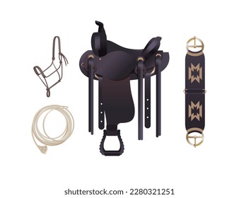 Western style horse tack, black cowboy saddle with cinch, rope halter and also
