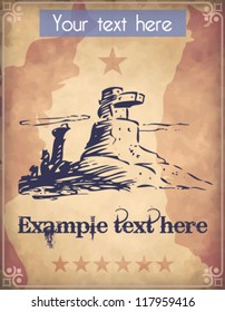 Western style poster with eroded desert mountains