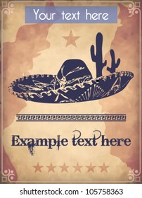 Western style poster with sombrero, cactus and text