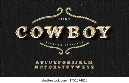 Western style retro alphabet font. Serif type letters, numbers of in rough background. Vintage vector typography for labels, headlines, posters etc.