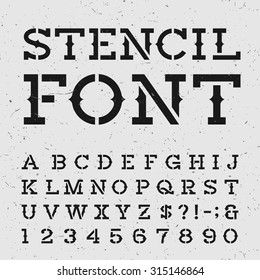 Western style retro alphabet stencil font. Serif type letters, numbers and symbols on the distressed background. Vintage vector typography for labels, headlines, posters etc.