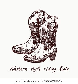 Western style riding boots, woodcutstyle ink drawing illustration with inscription