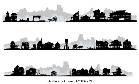 Western style silhouette buildings with old stagecoach. All in separated layers. 