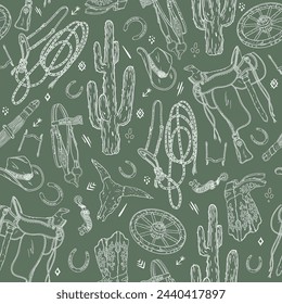 Western style vector seamless pattern on green background with cactus, wheel, horseshoe, cowboy hat, bull scull, saddle, bridle, snaffle, spur, cinch and decorative elements