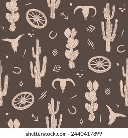 Western style vector seamless pattern on dark brown background with cactus, wheel, horseshoe, bull scull and decorative elements