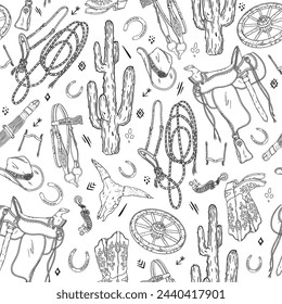 Western style vector seamless pattern on white background with cactus, wheel, horseshoe, cowboy hat, bull scull, saddle, bridle, snaffle, spur, cinch and decorative elements