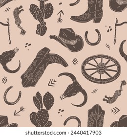 Western style vector seamless pattern on light brown background with cactus, wheel, horseshoe, cowboy hat, bull scull, snaffle, spur and decorative elements