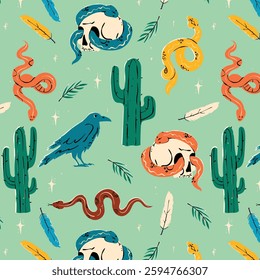 Western style vector seamless pattern on light green background with cactus, snakes, bull scull, crow and decorative elements