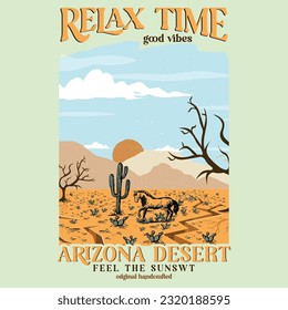 elemento de sublimación occidental, yeehaw howdy, elemento occidental retroRelax time en el diseño de camisetas vectoriales retro del desierto de Arizona. Sienta la puesta de sol para afiche, fondo y pegatina. Buena onda