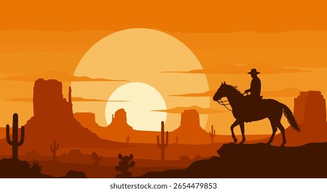 Silhueta de Cavaleiro do Pôr do Sol Ocidental no afloramento do deserto rochoso com formações de Mesa e cacto em estilo de vetor plano