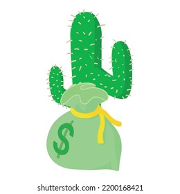 Western symbol icon isometric vector. Giant green cactus and bag of money icon. Wild west concept