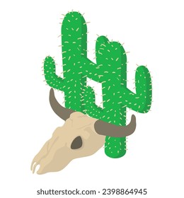 Western symbol icon isometric vector. Buffalo skull near giant green cactus icon. Wild west concept