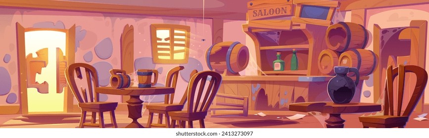 Western tavern destroyed after cowboys fight. Cartoon abandoned messy saloon interior with broken entrance door and chairs, shattered wooden barrels and crushed glass bottles, cobweb and garbage.