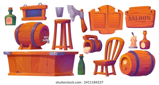 Western tavern and saloon interior elements. Cartoon set of old west cowboy pub furniture and stuff - wooden entrance door and bar counter, chair and stool, glass bottles and wood barrels with beer.