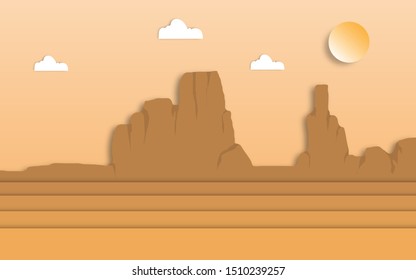  Western Texas american desert vector illustration background paper cut craft style design. Wild west america scenery with sunset, cactus and mountain  in desert in paper cut craft art style design.
