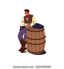 Western texas cowboy with hat stands. American wild west gangster wears boots with spurs. Mexican bandit leans on big wooden barrel to relax. Flat isolated vector illustration on white background